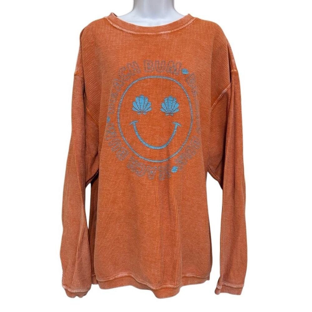 Chicka-d Beach Bum Thermal Pullover Sweatshirt Orange Mineral Wash 100% Cotton L